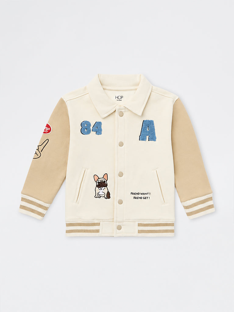 HOP Kids Boys Beige Colour-Blocked Cotton-Blend Varsity Jacket