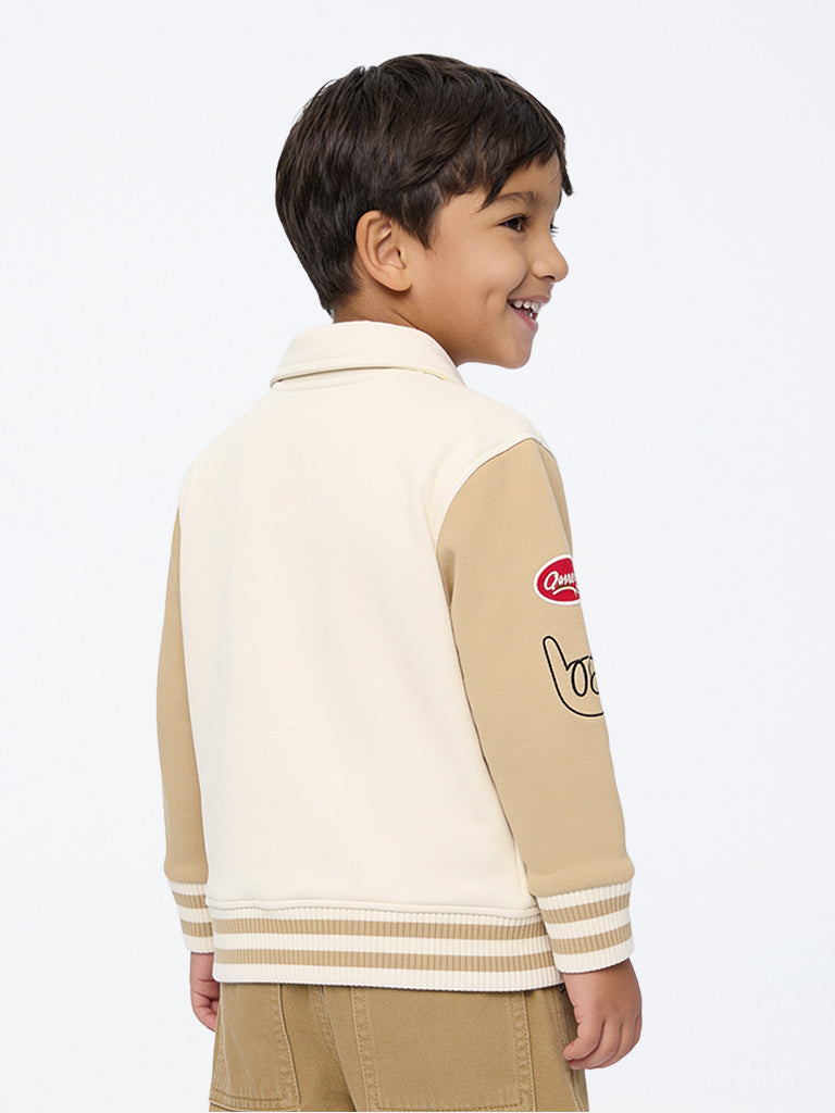 HOP Kids Boys Beige Colour-Blocked Cotton-Blend Varsity Jacket