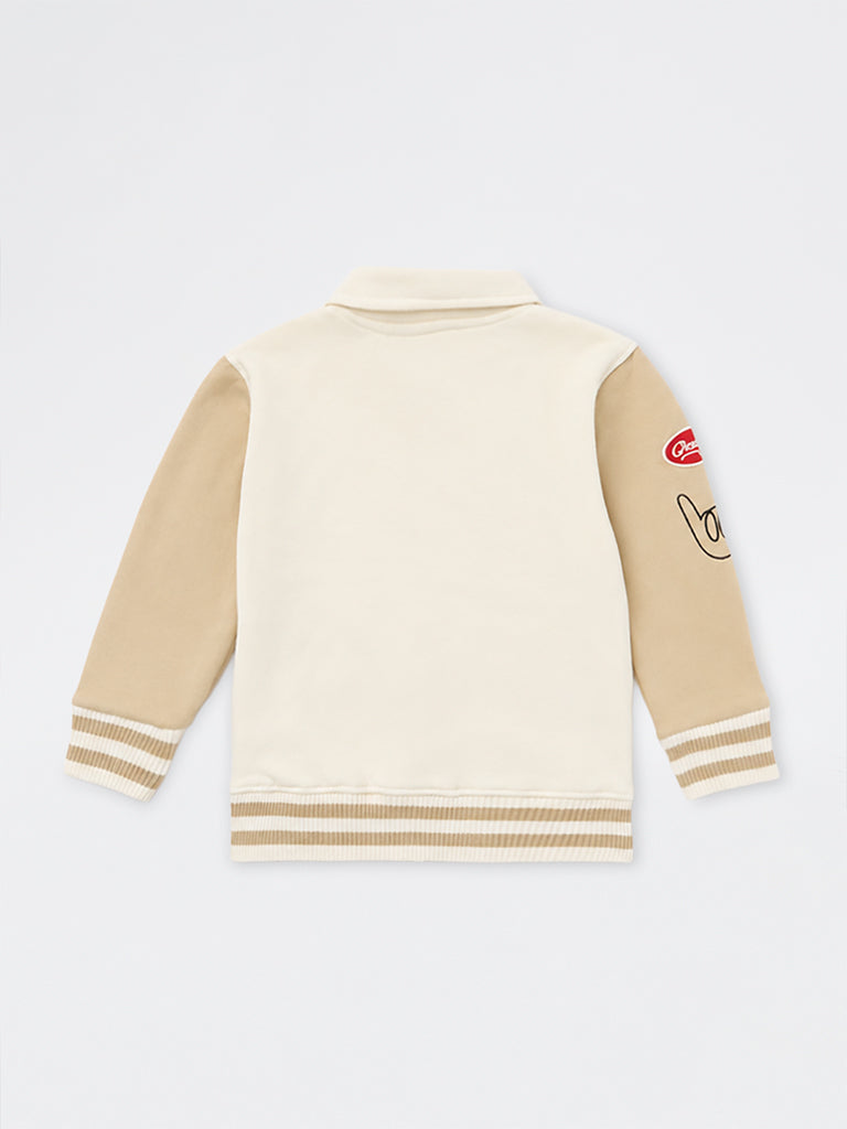 HOP Kids Boys Beige Colour-Blocked Cotton-Blend Varsity Jacket