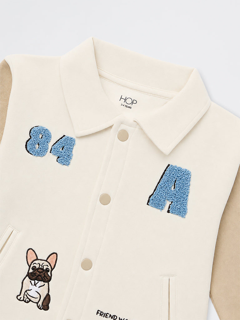 HOP Kids Boys Beige Colour-Blocked Cotton-Blend Varsity Jacket