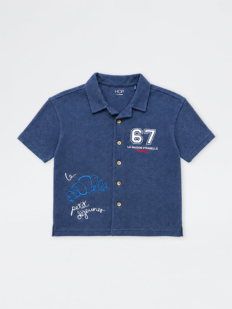 HOP Kids Boys Blue Waffle-Textured Cotton-Blend Shirt