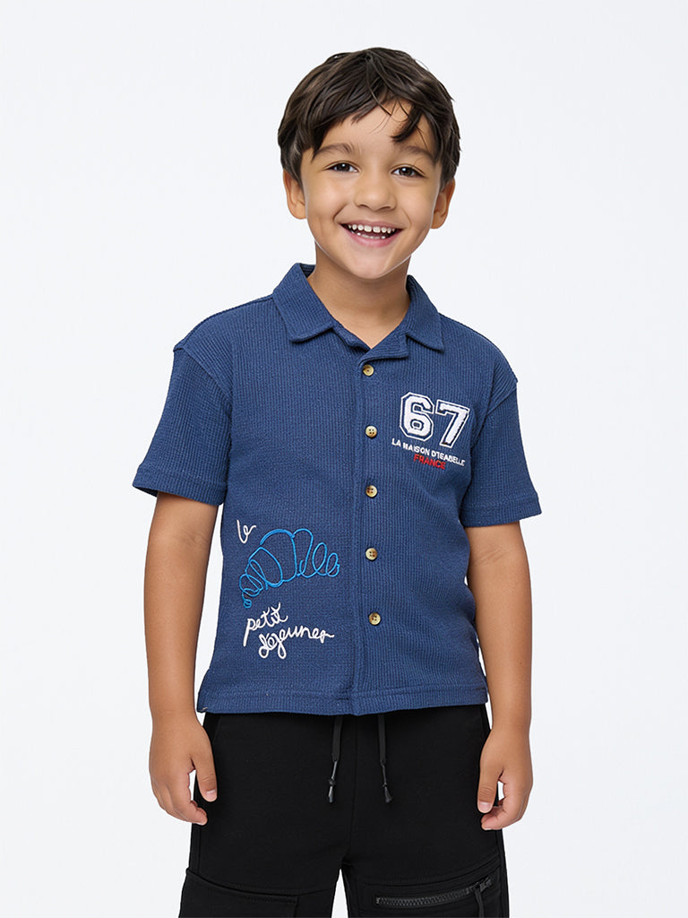 HOP Kids Boys Blue Waffle-Textured Cotton-Blend Shirt
