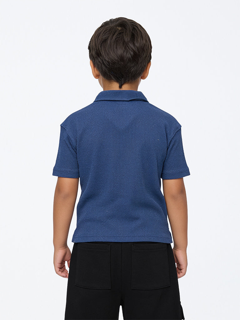 HOP Kids Boys Blue Waffle-Textured Cotton-Blend Shirt