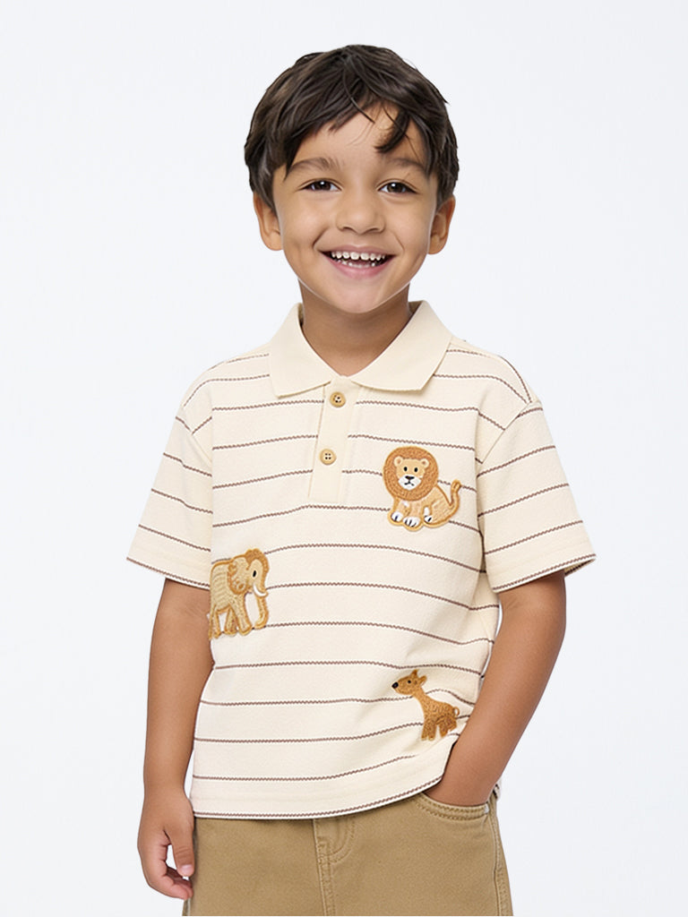 HOP Kids Boys Beige Striped Cotton-Blend Polo T-Shirt