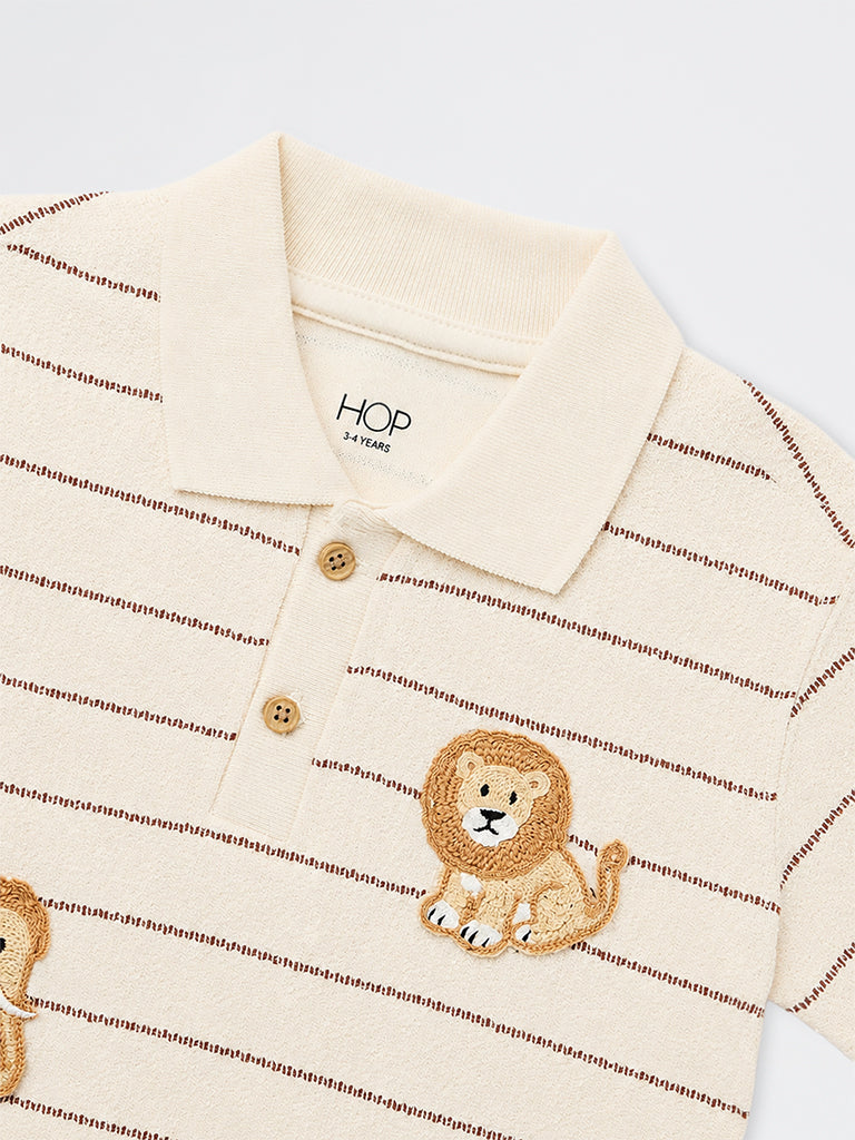 HOP Kids Boys Beige Striped Cotton-Blend Polo T-Shirt