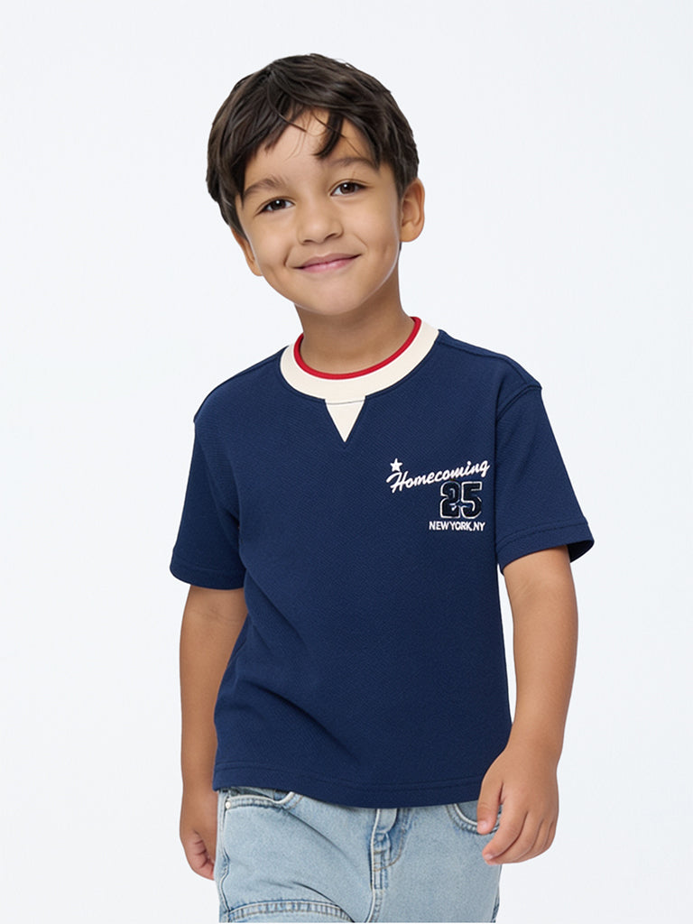 HOP Kids Boys Navy Printed Cotton T-Shirt