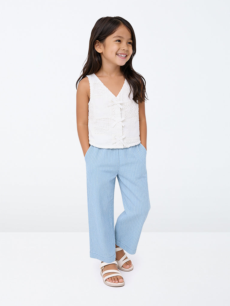 HOP Kids Girls Blue Striped Cotton Trousers