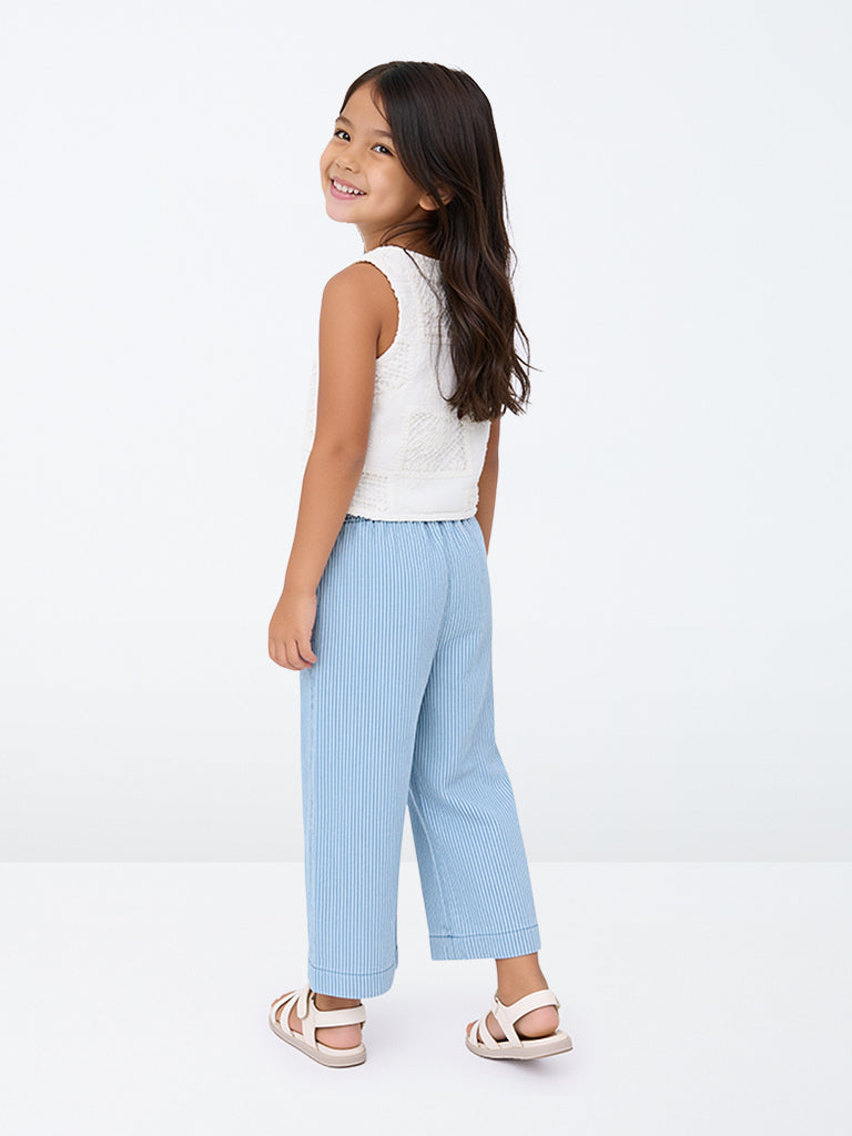 HOP Kids Girls Blue Striped Cotton Trousers
