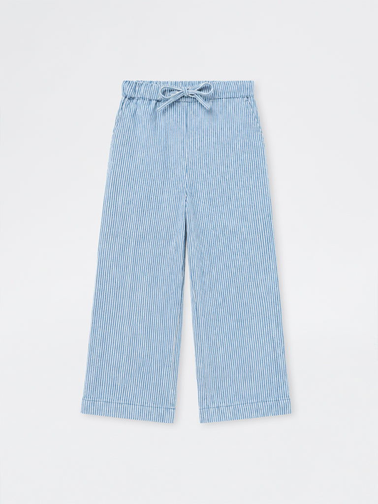 HOP Kids Girls Blue Striped Cotton Trousers