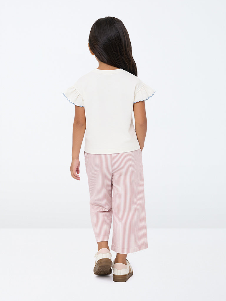 HOP Kids Girls Light Pink Striped High-Rise Cotton Trousers