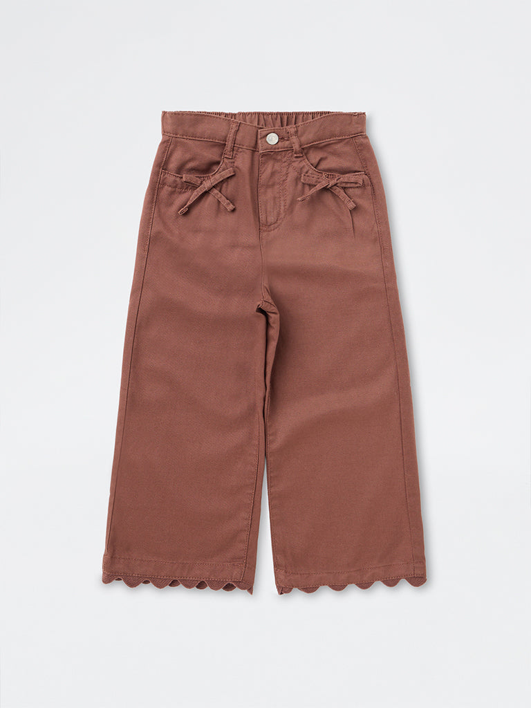 HOP Kids Girls Brown Scalloped-Detail High-Rise Trousers