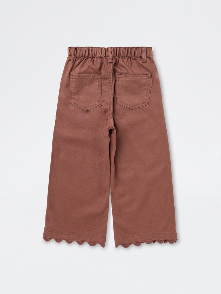 HOP Kids Girls Brown Scalloped-Detail High-Rise Trousers