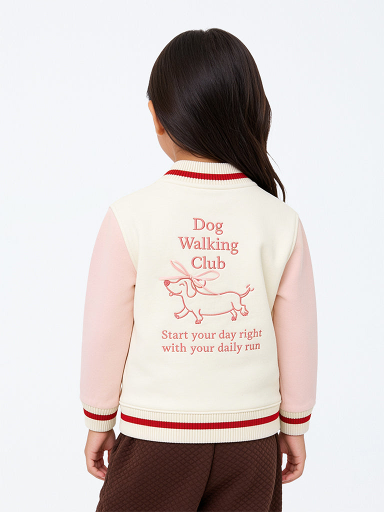 HOP Kids Girls Off-White Text Embroidered Cotton-Blend Varsity Jacket