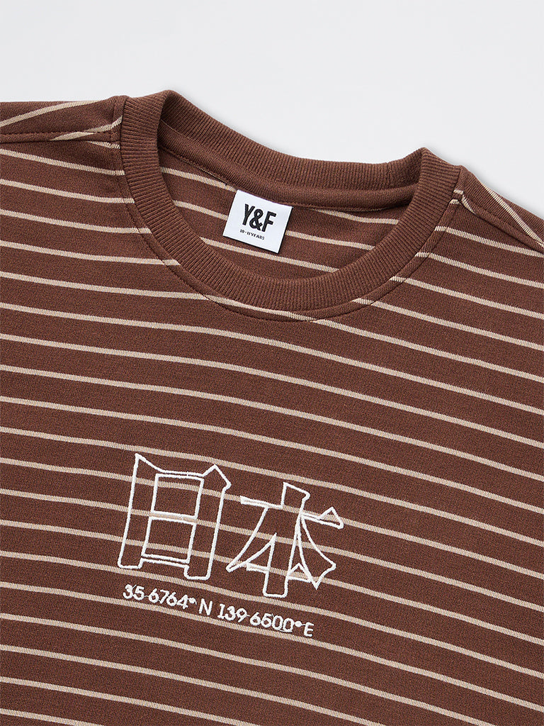 Boys Brown Stripe Printed Cotton T-Shirt