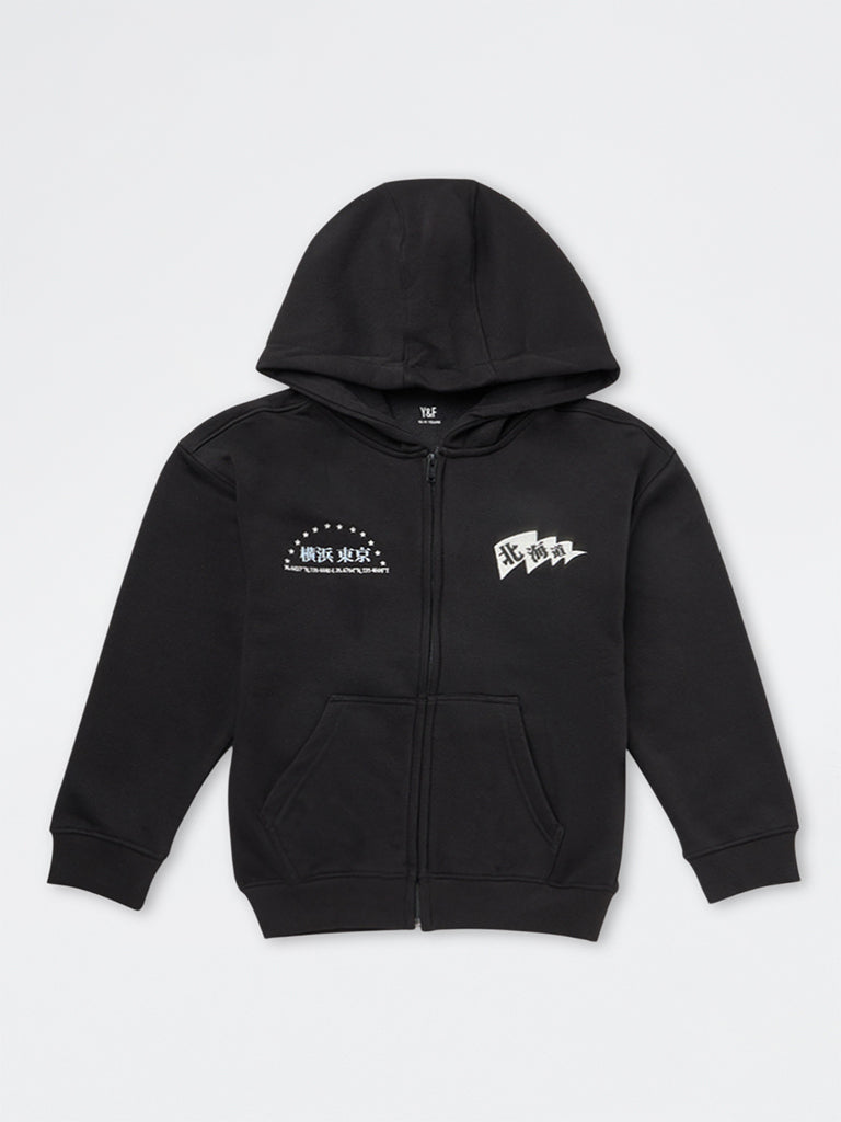 Boys Black Printed Cotton-Blend Hoodie