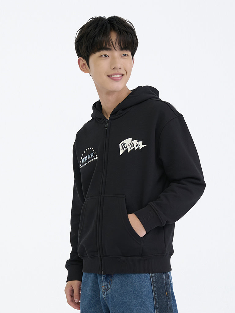 Boys Black Printed Cotton-Blend Hoodie