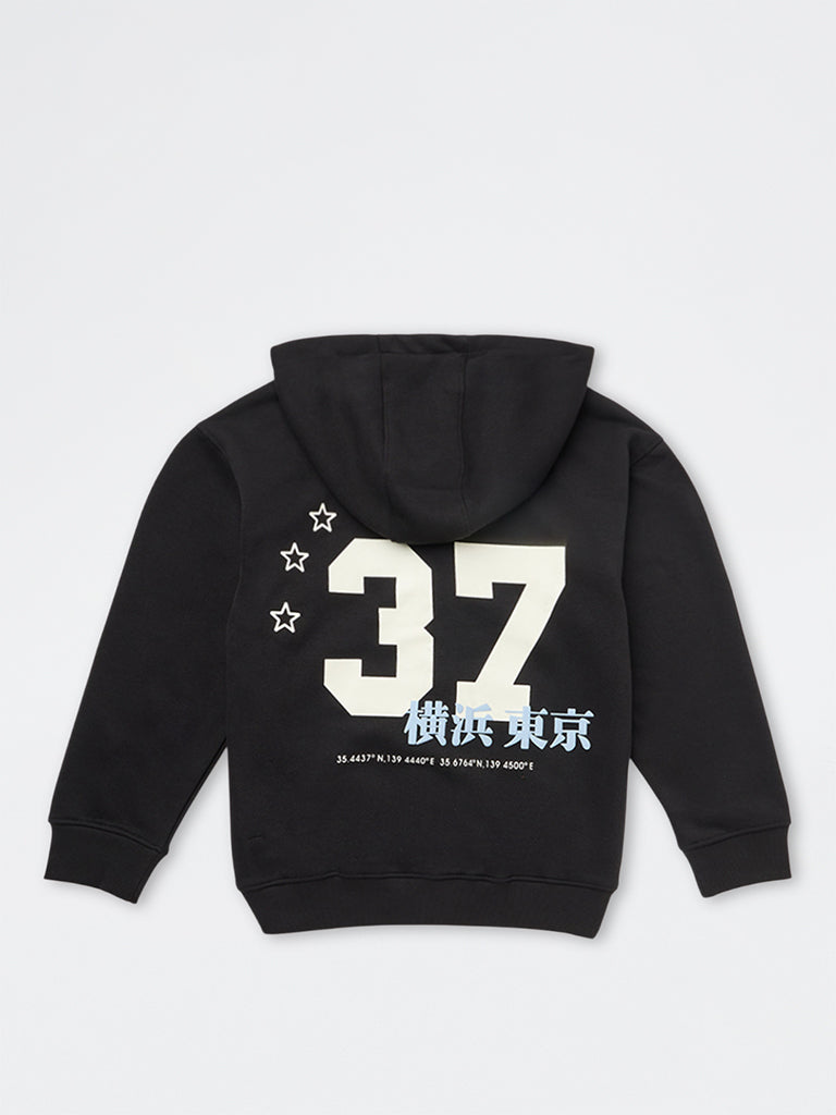 Boys Black Printed Cotton-Blend Hoodie