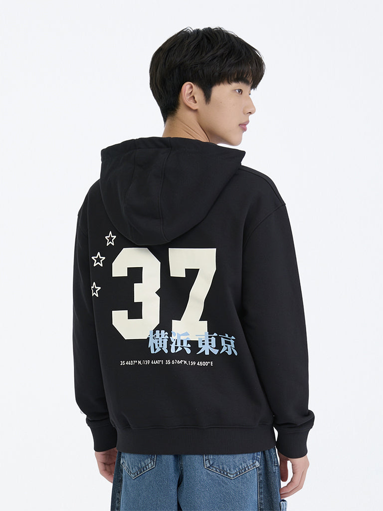 Boys Black Printed Cotton-Blend Hoodie