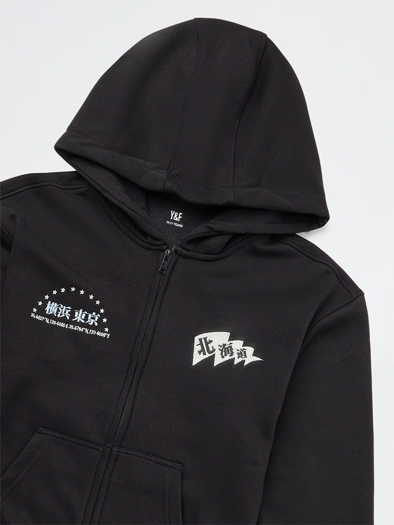 Boys Black Printed Cotton-Blend Hoodie