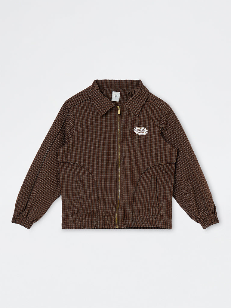 Boys Dark Brown Checked Zip-Up Jacket