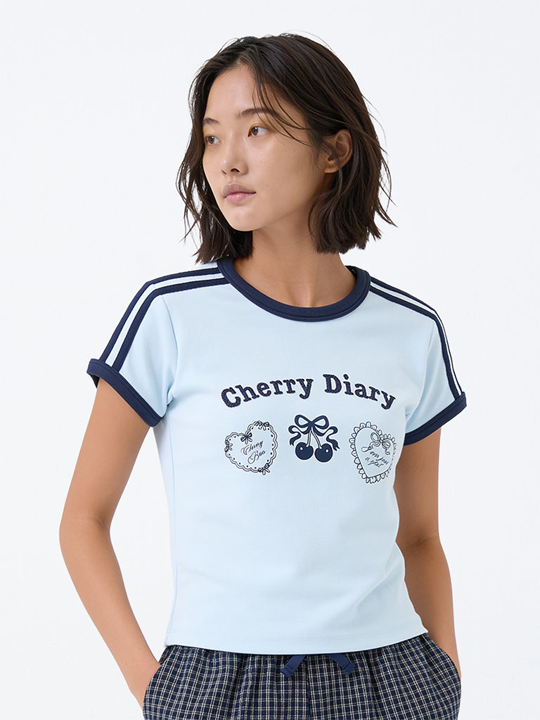 Girls Blue Printed Cotton-Blend T-Shirt