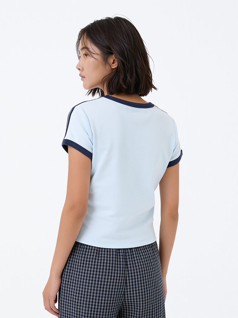 Girls Blue Printed Cotton-Blend T-Shirt