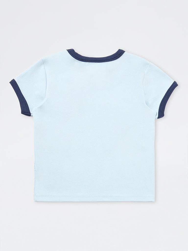 Girls Blue Printed Cotton-Blend T-Shirt