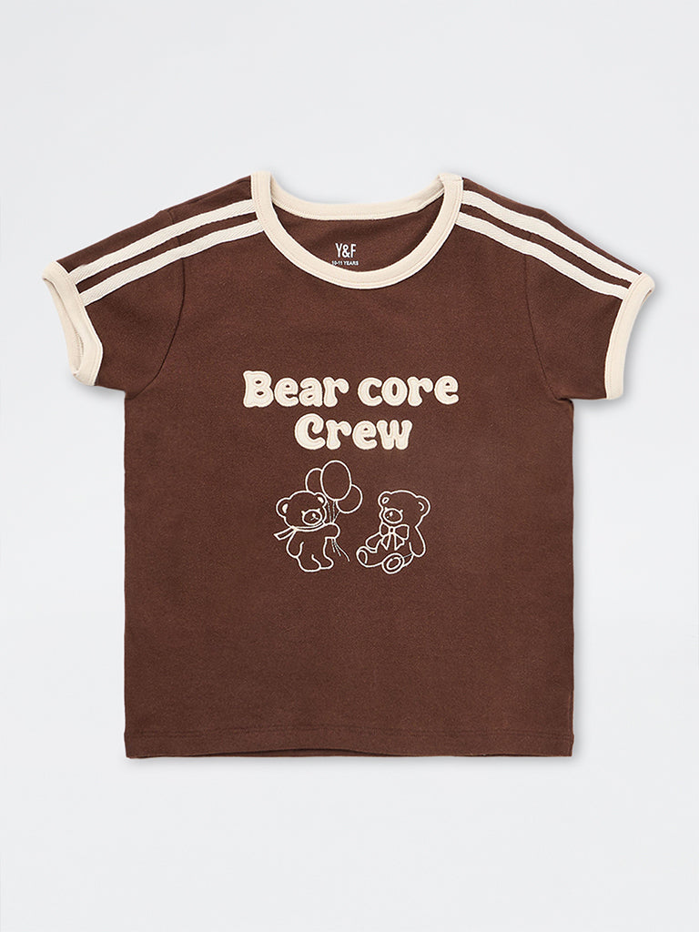 Girls Brown Printed Cotton-Blend T-Shirt