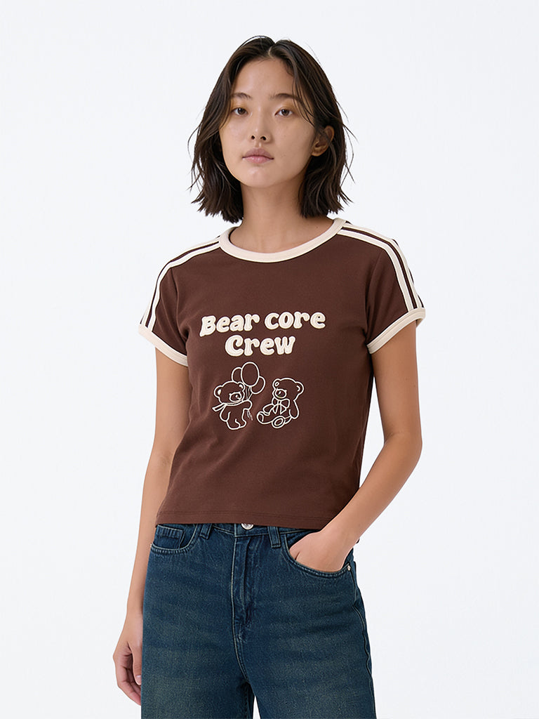 Girls Brown Printed Cotton-Blend T-Shirt