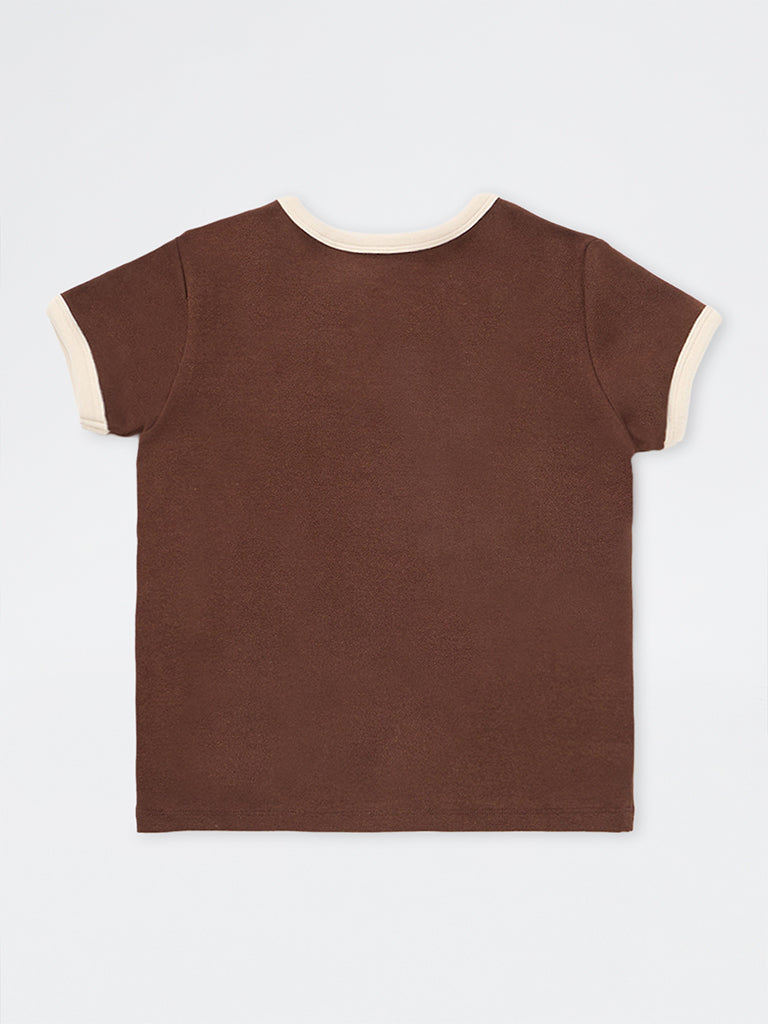 Girls Brown Printed Cotton-Blend T-Shirt