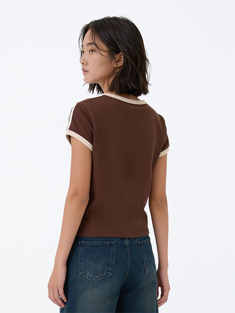 Girls Brown Printed Cotton-Blend T-Shirt
