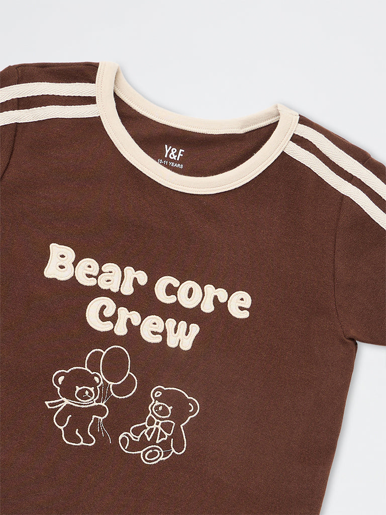 Girls Brown Printed Cotton-Blend T-Shirt