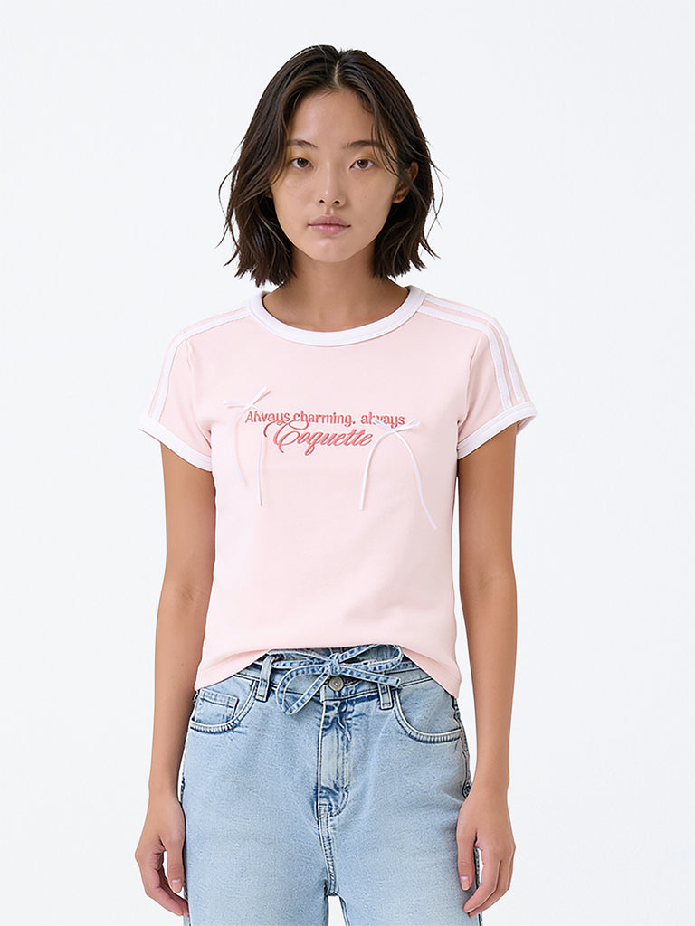 Girls Pink Typographic Cotton-Blend T-Shirt