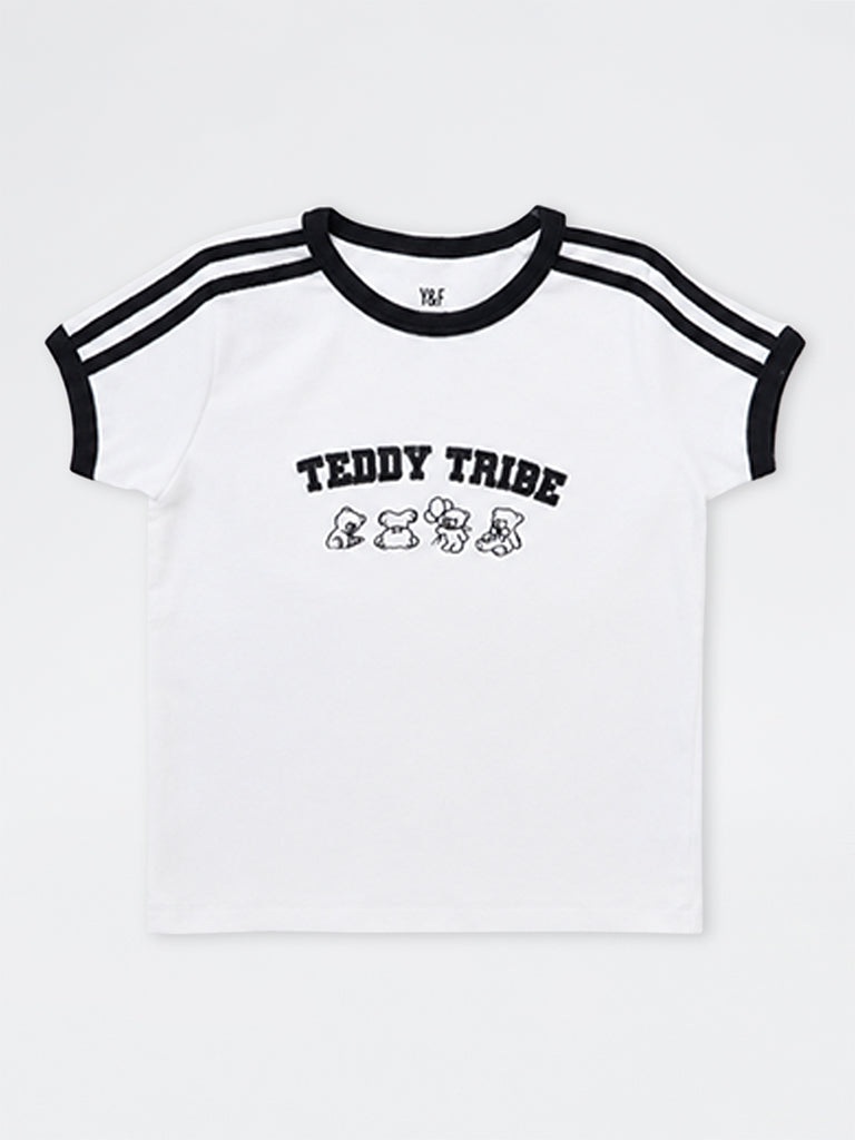Girls White Teddy-Detail Cotton T-Shirt