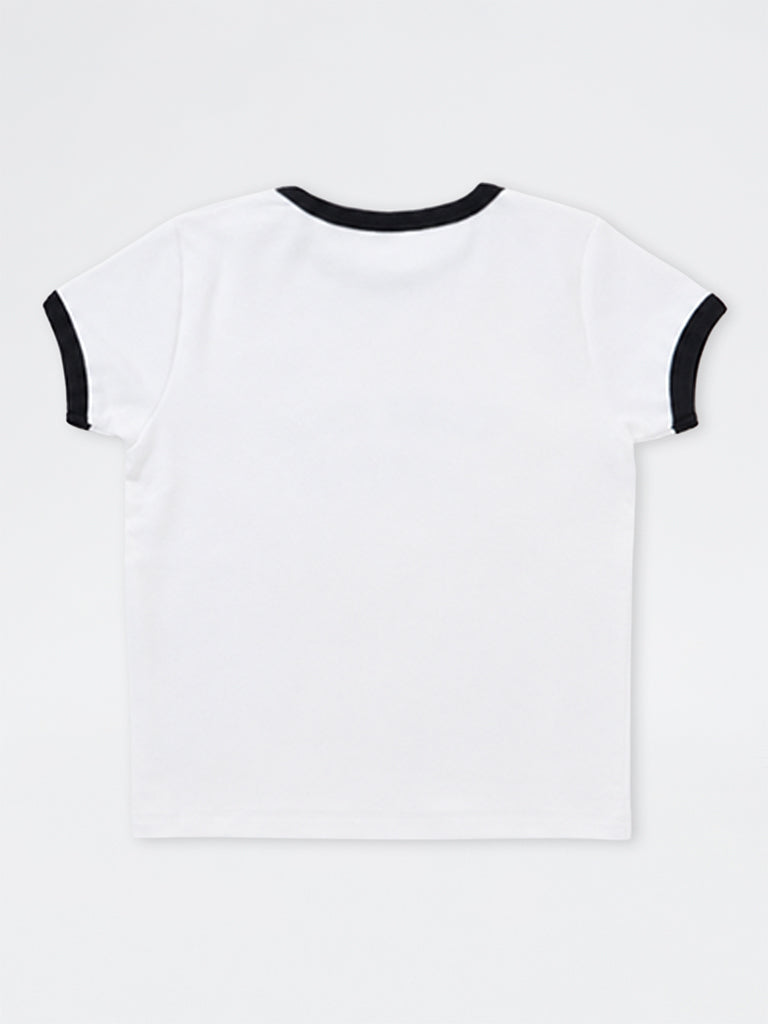Girls White Teddy-Detail Cotton T-Shirt