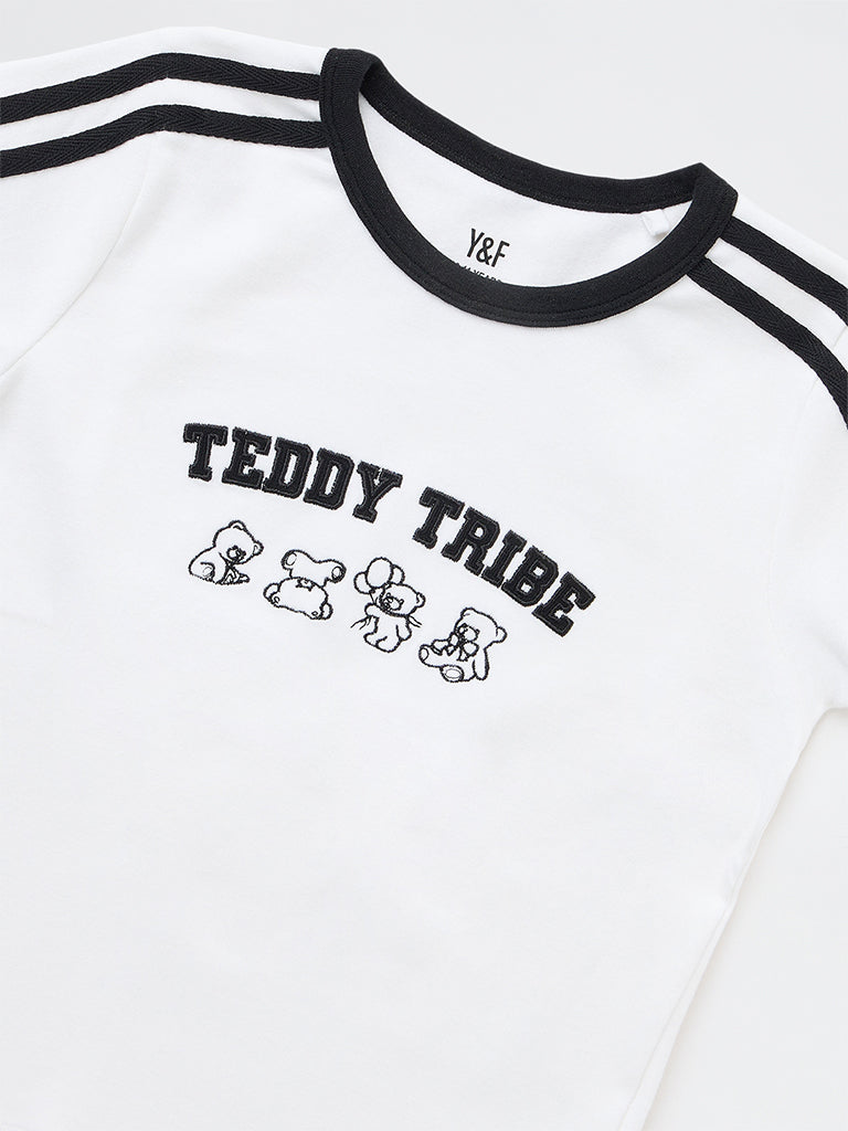Girls White Teddy-Detail Cotton T-Shirt