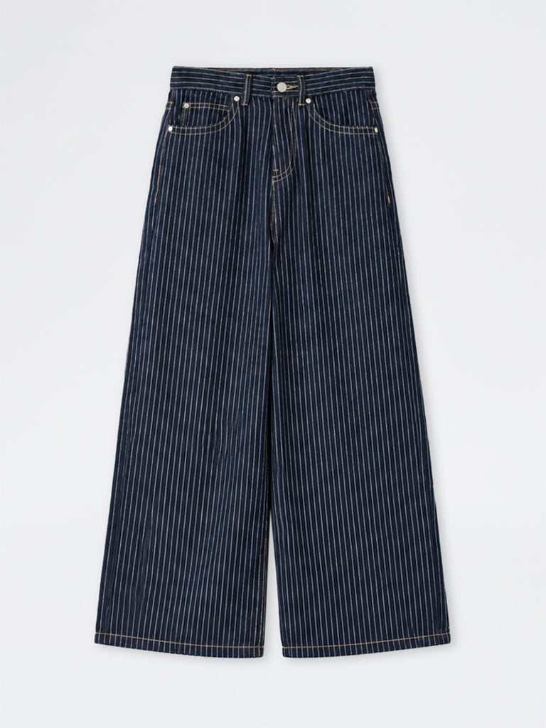 Girls Dark Blue Striped High-Rise Jeans