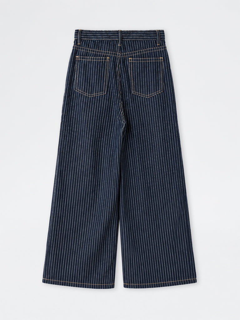 Girls Dark Blue Striped High-Rise Jeans