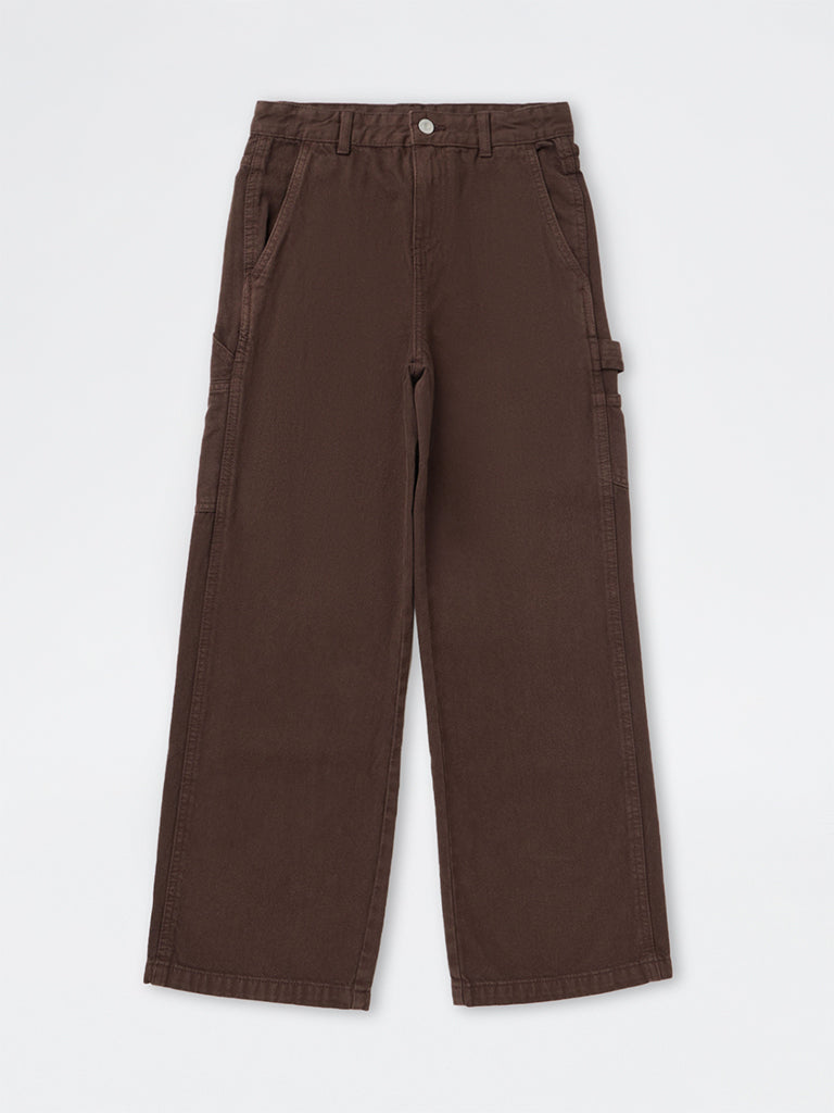 Y&F Kids Girls Dark Brown High-Rise Relaxed Fit Jeans