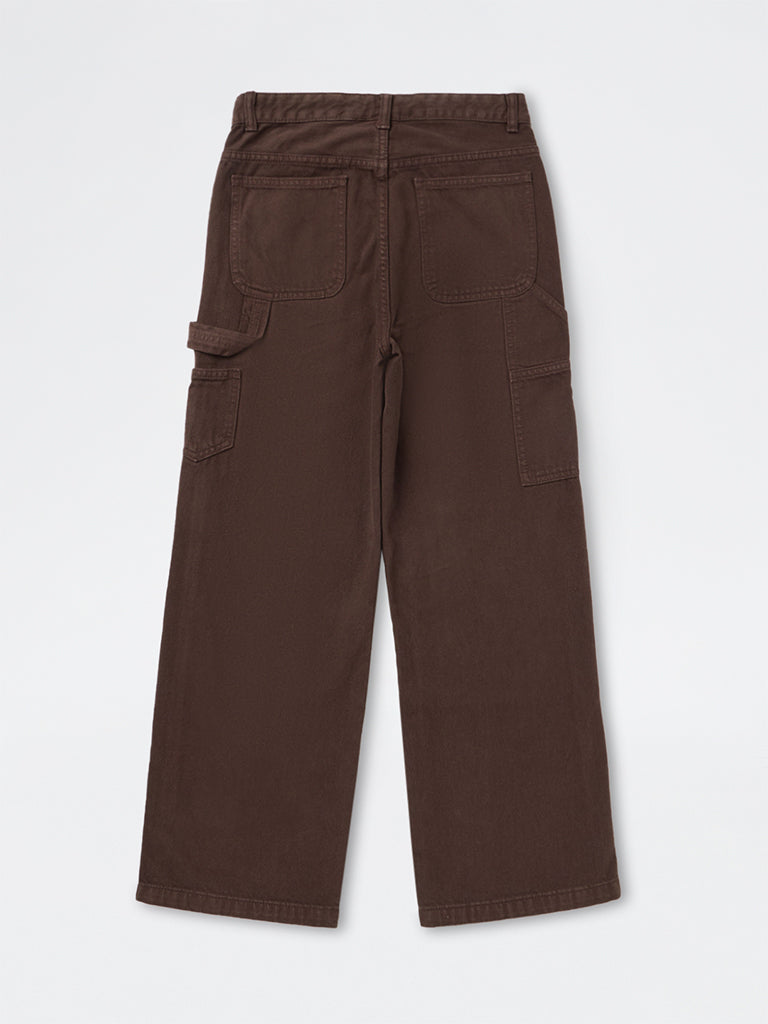 Y&F Kids Girls Dark Brown High-Rise Relaxed Fit Jeans