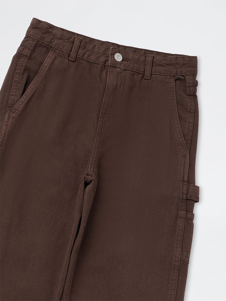 Y&F Kids Girls Dark Brown High-Rise Relaxed Fit Jeans