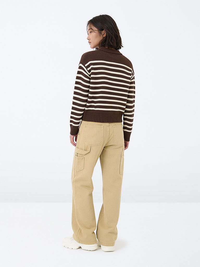 Y&F Kids Girls Beige High-Rise Relaxed Fit Jeans