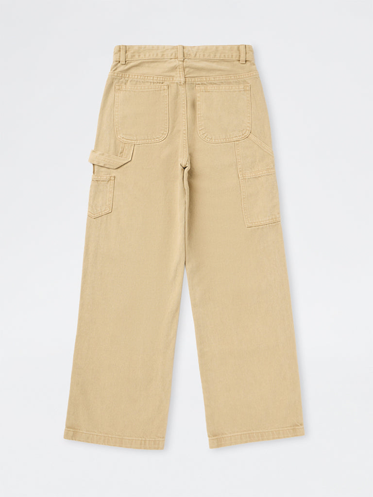 Y&F Kids Girls Beige High-Rise Relaxed Fit Jeans
