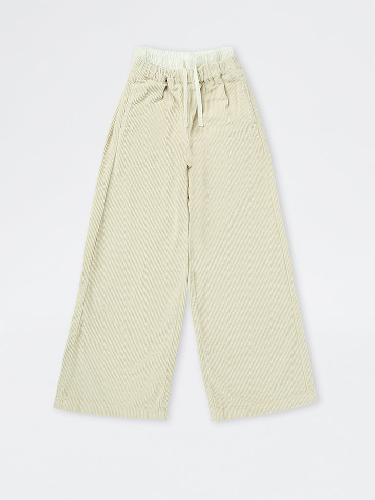 Girls Light Beige Corduroy High-Rise Cotton Pants