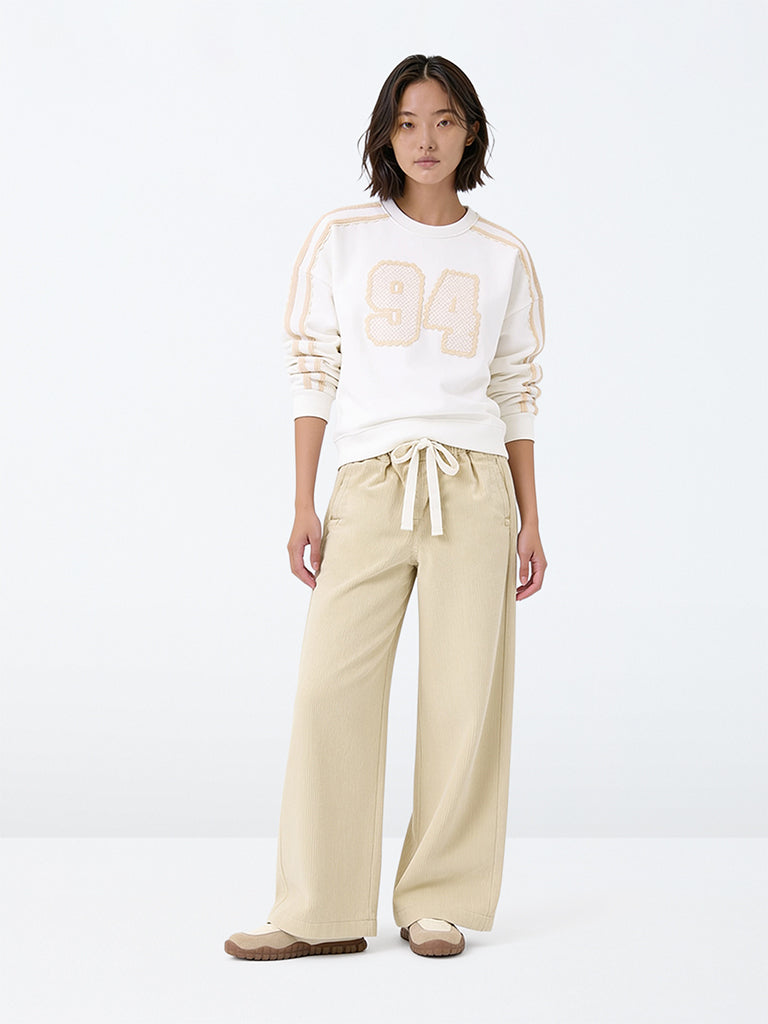 Girls Light Beige Corduroy High-Rise Cotton Pants