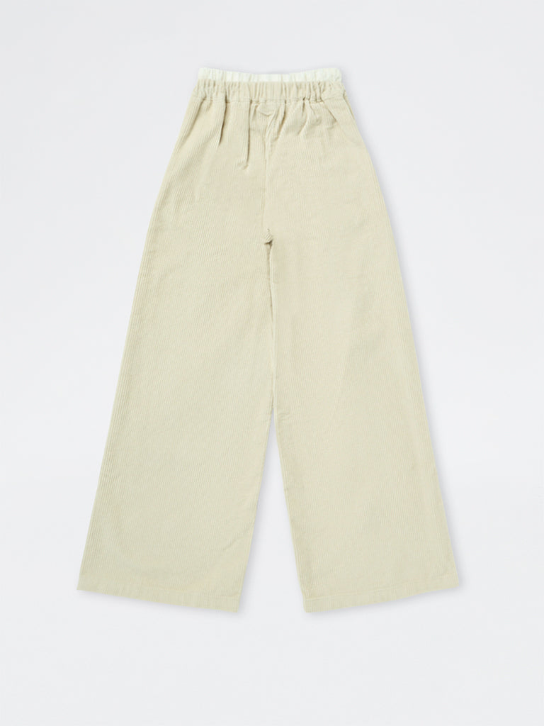 Girls Light Beige Corduroy High-Rise Cotton Pants