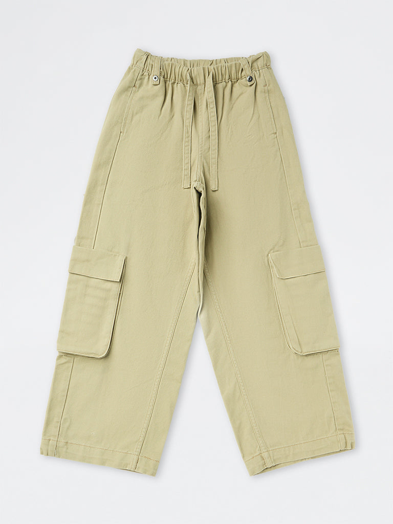 Girls Light Khaki Solid High-Rise Cotton Cargo Pants