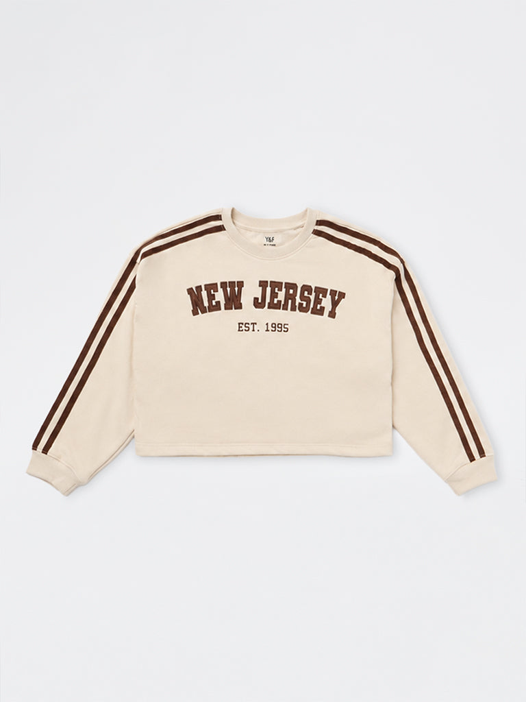 Girls Light Beige Text Embroidered Cotton-Blend Sweatshirt