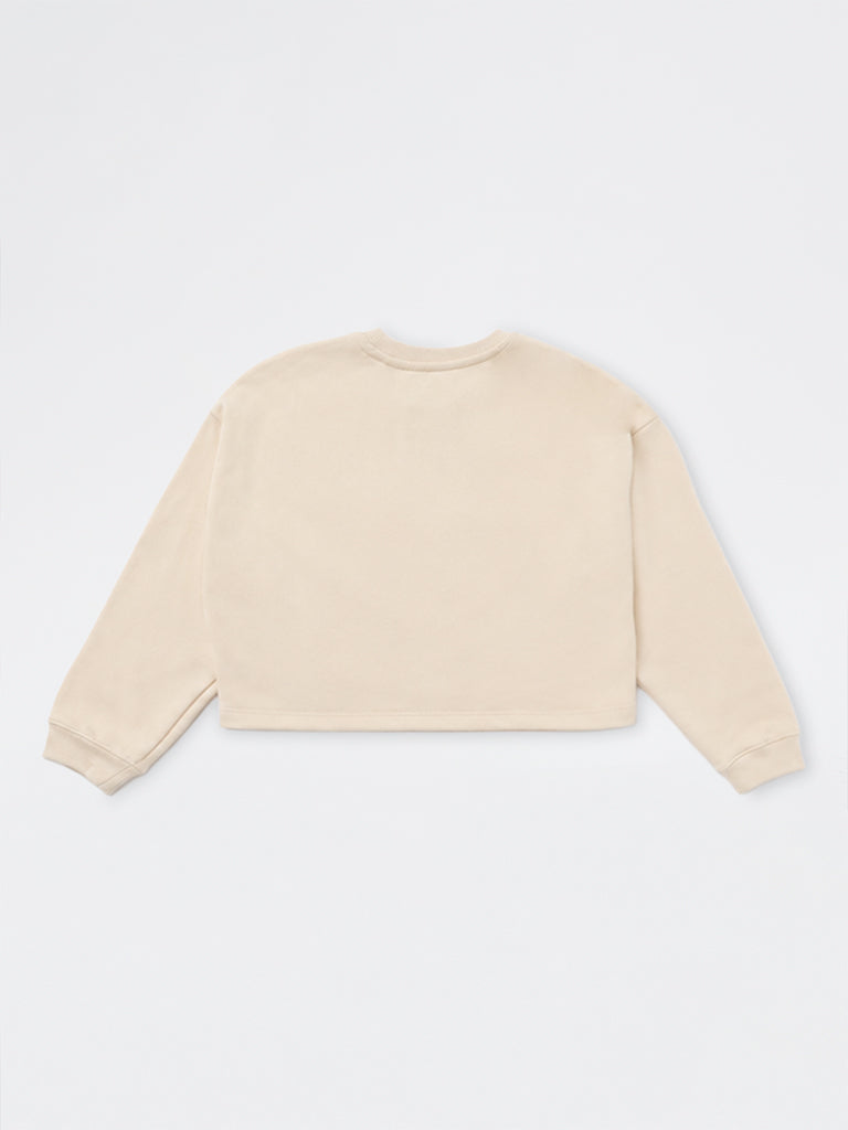 Girls Light Beige Text Embroidered Cotton-Blend Sweatshirt