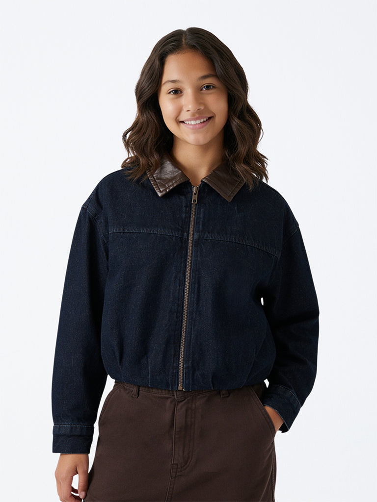 Girls Dark Blue Zip-Front Denim Jacket